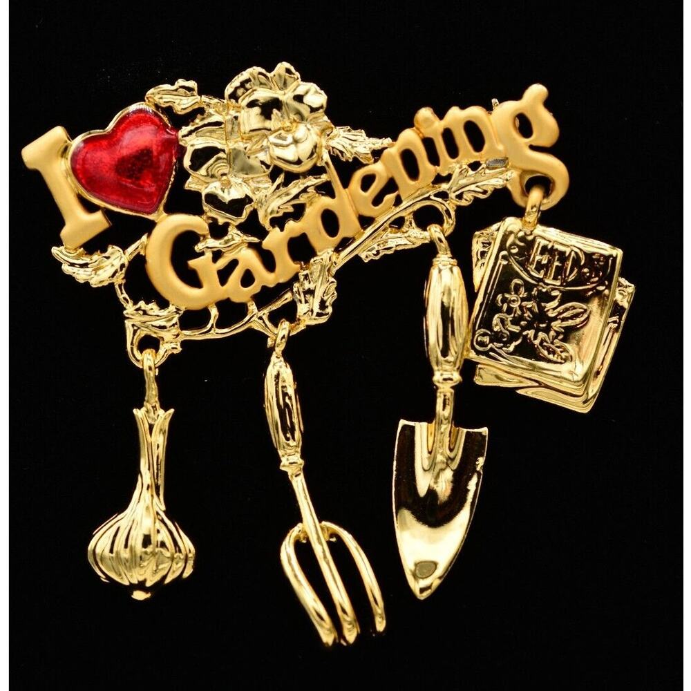 Danecraft Vintage Love Gardening Pin Brooch Brushed Gold Charms NOS 1980s BinA5